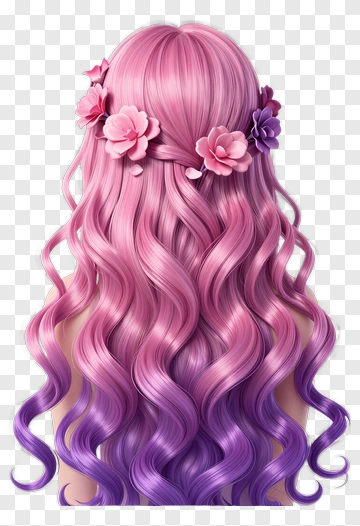 Long Pink And Purple Hair With Flowers PNG