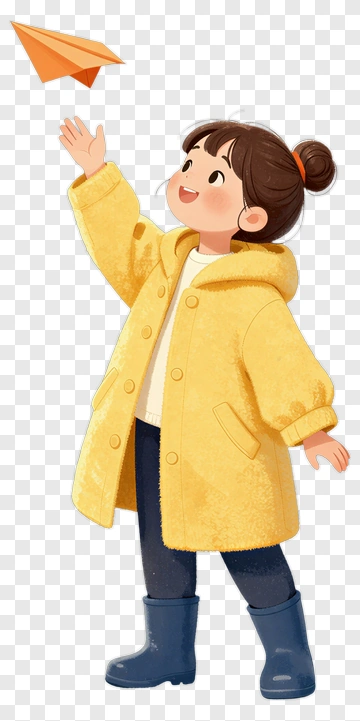 Girl In Yellow Coat Throwing A Paper Airplane PNG