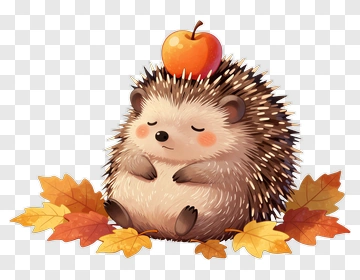 Cartoon Hedgehog Sitting Among Autumn Leaves PNG