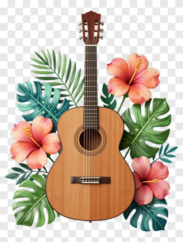 Guitar Surrounded By Tropical Flowers And Leaves PNG