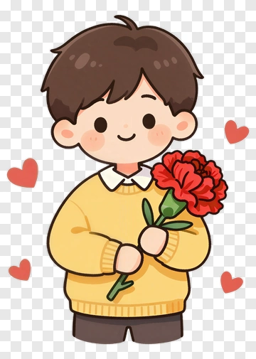 Cartoon Boy Holding A Carnation Flower PNG