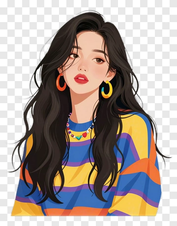 Cartoon Woman With Colorful Accessories PNG