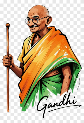 Cartoon Gandhi Holding A Walking Stick PNG