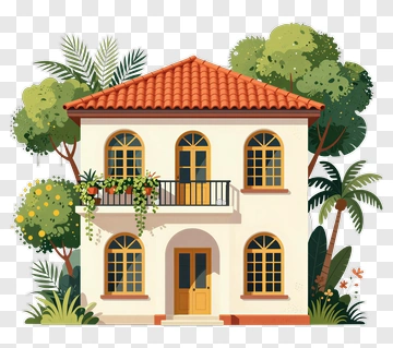 Colorful House Surrounded By Lush Greenery PNG