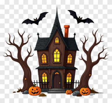 Halloween Haunted House With Pumpkins And Bats PNG
