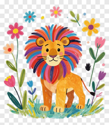 Colorful Lion Surrounded By Flowers PNG