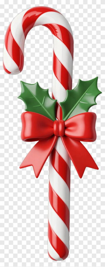 Christmas Candy Cane With Holly And Bow PNG