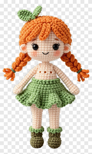 Crochet Doll With Orange Hair And Green Skirt PNG