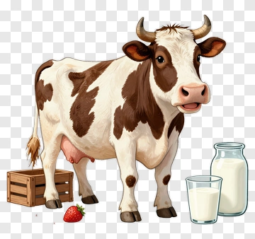 Cartoon Cow With Milk And Strawberry PNG