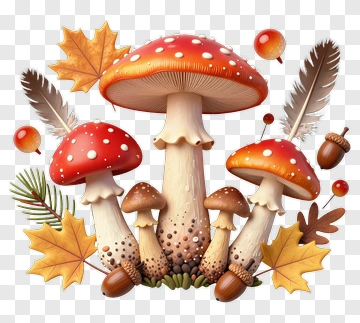 Colorful Mushrooms With Autumn Leaves And Acorns PNG