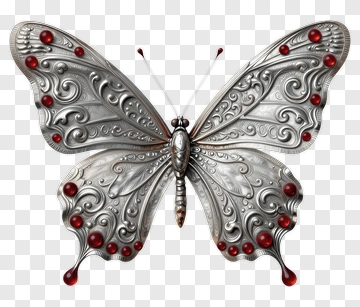 Silver Butterfly With Red Accents PNG