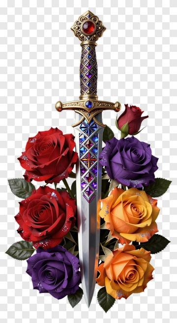 Sword Surrounded By Colorful Roses PNG