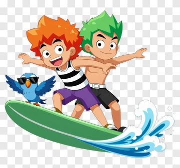Cartoon Boys Surfing On A Green Surfboard PNG