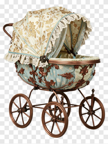 Vintage Baby Stroller With Floral Design PNG