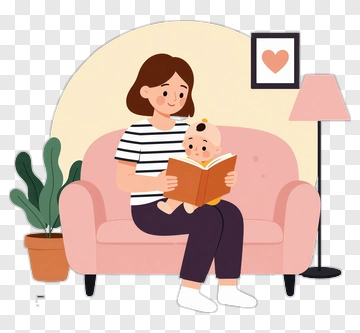 Mother Reading A Book To Baby On A Sofa PNG