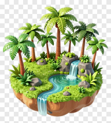 Tropical Island With Waterfall And Palm Trees PNG