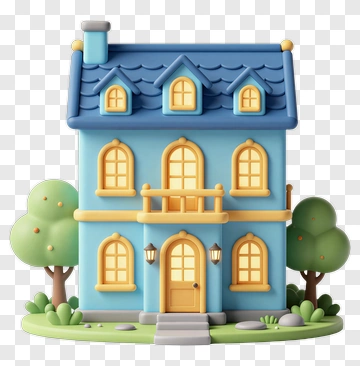 3D Blue House With Trees PNG