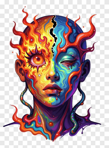 Colorful Abstract Face With Flames And Swirls PNG