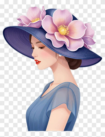 Woman Wearing A Blue Hat With Pink Flowers PNG
