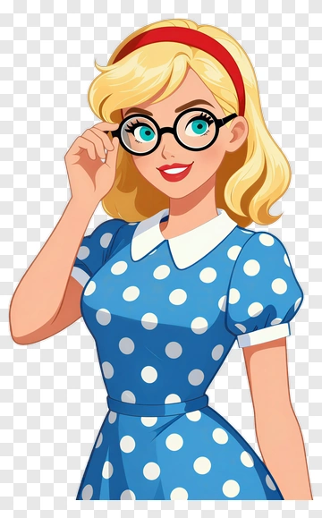 Cartoon Woman In Blue Polka Dot Dress With Glasses PNG