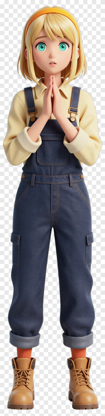 3D Girl In Overalls With Hands Together PNG