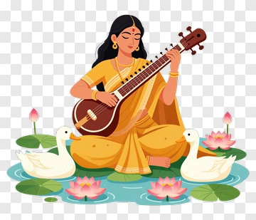 Woman Playing A Sitar Surrounded By Ducks And Lotus Flowers PNG