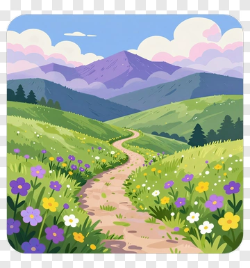 Scenic Mountain Path Through Colorful Wildflowers PNG