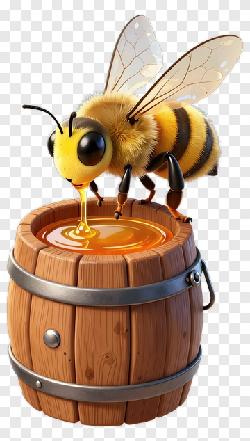 Cartoon Bee Collecting Honey From Barrel PNG