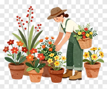 Gardener Tending To Flower Pots PNG
