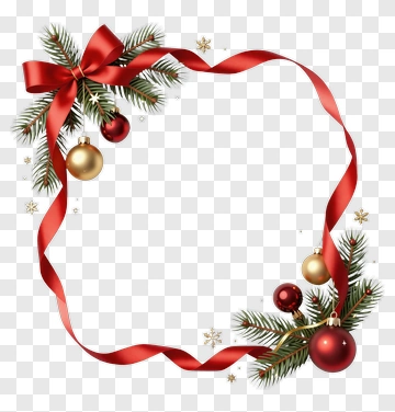 Christmas Wreath With Red Ribbon And Ornaments PNG
