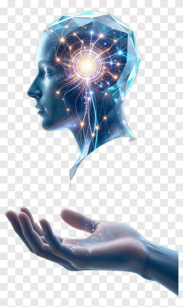 Abstract Human Head With Glowing Brain And Hand PNG