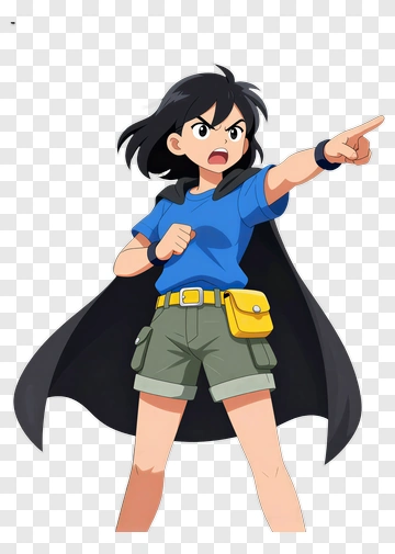Cartoon Girl Pointing With A Yellow Bag PNG