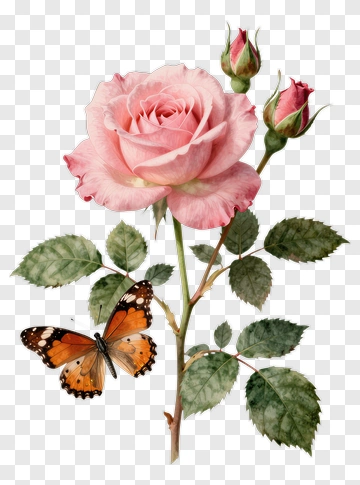 Pink Rose With Butterfly PNG