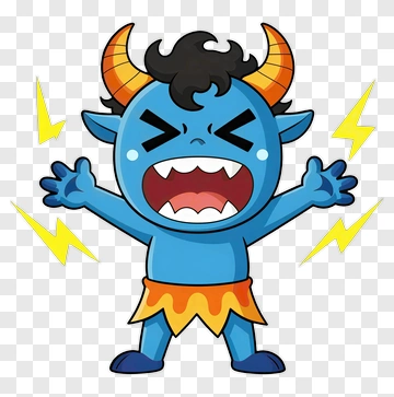 Cartoon Blue Monster With Horns And Lightning PNG