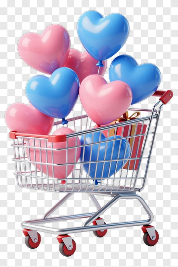 Shopping Cart Filled With Heart Balloons PNG