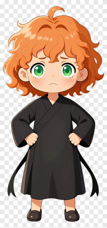 Chibi Character In Black Robe With Orange Hair PNG