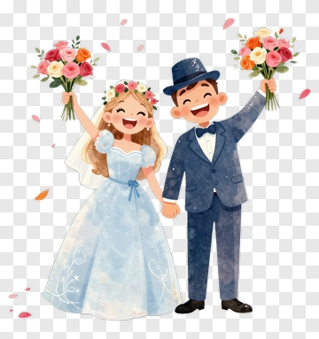 Happy Wedding Couple Holding Bouquets PNG