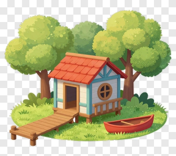 Cartoon House By A Lake With Trees PNG