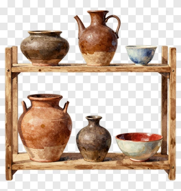 Watercolor Pottery Display On Wooden Shelf PNG