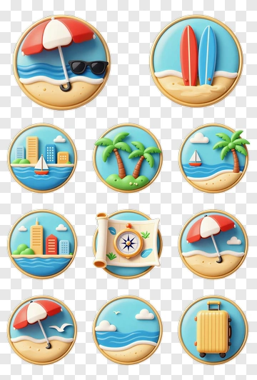Colorful Summer Beach Icons Set PNG