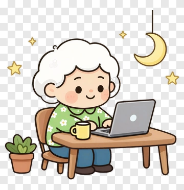 Cartoon Grandmother Using A Laptop PNG