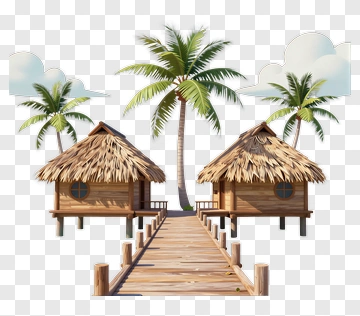 Tropical Beachside Cottages With Palm Trees PNG