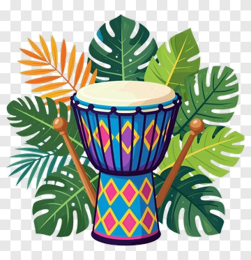 Colorful Drum Surrounded By Tropical Leaves PNG