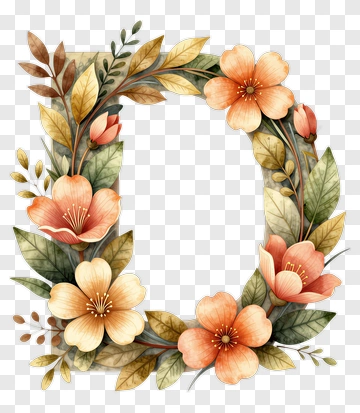 Floral Wreath With Peach Flowers And Green Leaves PNG