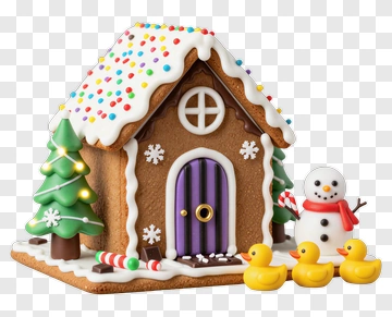 Gingerbread House With Snowman And Rubber Ducks PNG