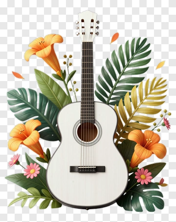 Guitar Surrounded By Tropical Flowers And Leaves PNG