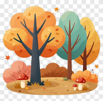 Colorful Forest With Autumn Trees And Mushrooms PNG