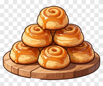 Stack Of Cinnamon Rolls On A Wooden Plate PNG