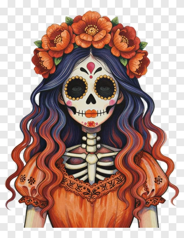 Colorful Skeleton Woman With Floral Crown PNG