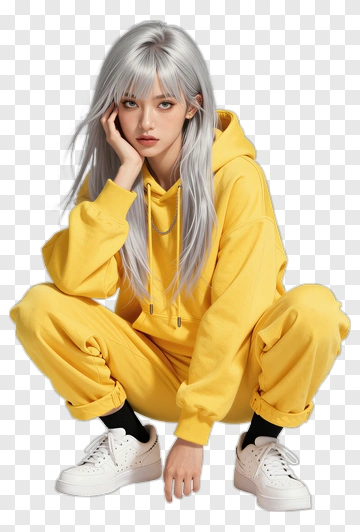 Young Woman In Yellow Hoodie And Sweatpants PNG